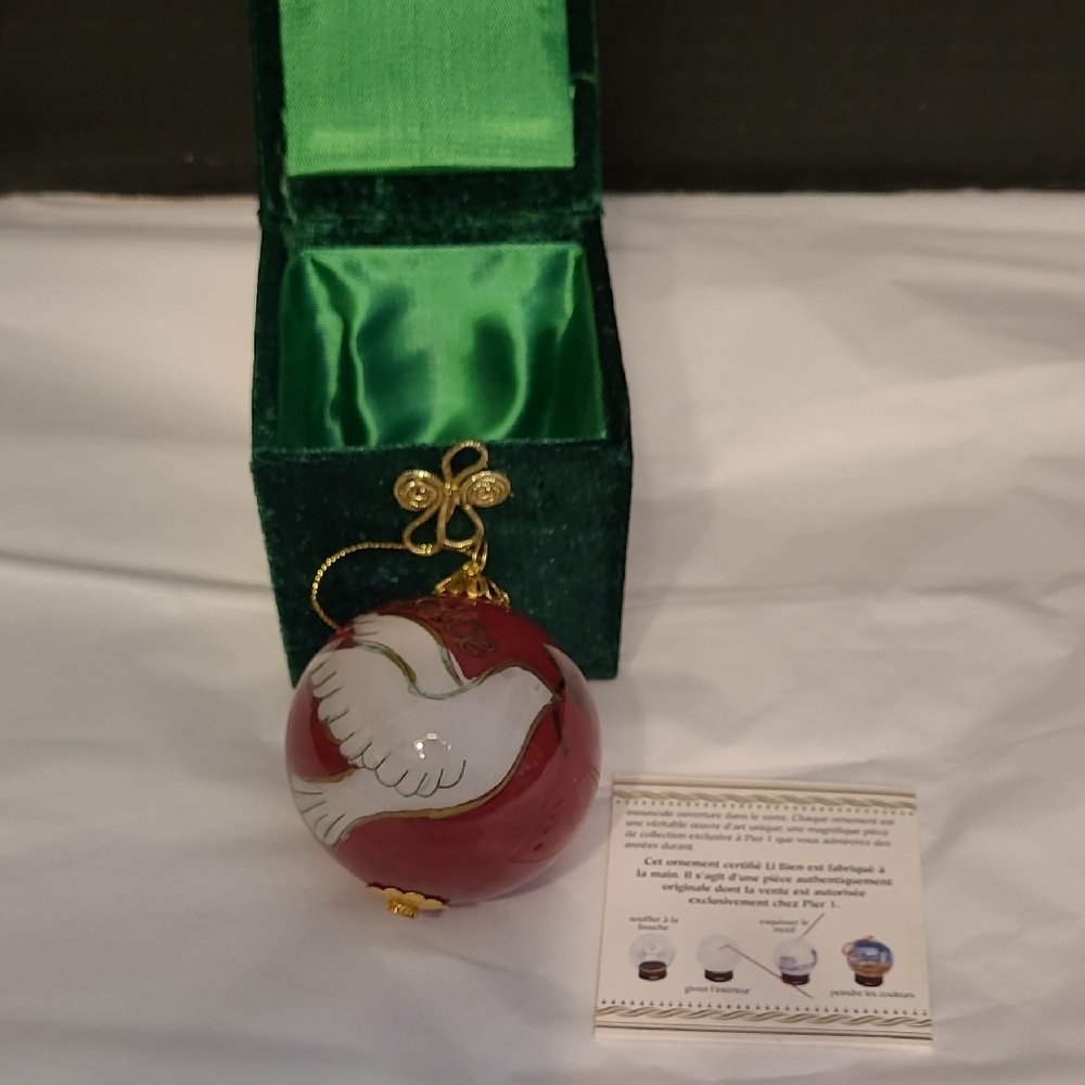 Pier 1 Li Bien Hand Painted Peace Dove 2012 Ornament Blue Green Box  Red Gold